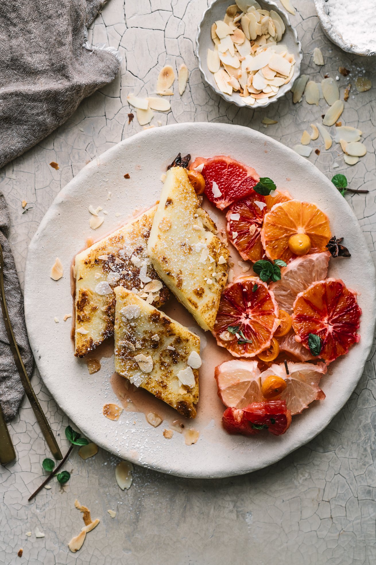 Mandel Grießschnitte mit Zitrus Kompott