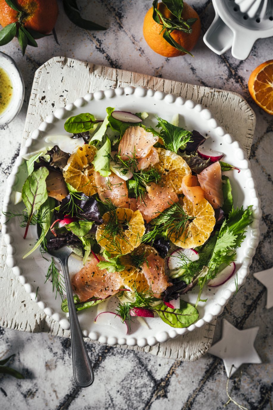 Vorspeise für Weihnachten! Edler Clementinen Salat mit Räucherlachs